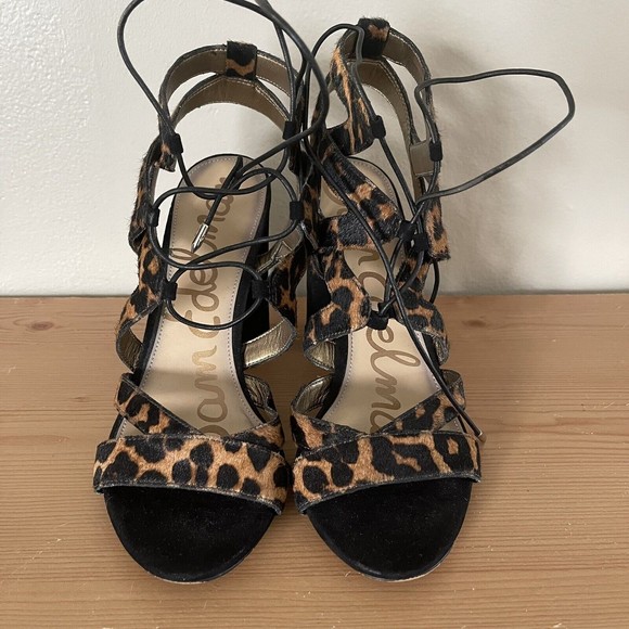 Sam Edelman Block Heels Strappy Sandals 8.5 Gladiator Dyed Cow Fur Leopard Print - Picture 3 of 11